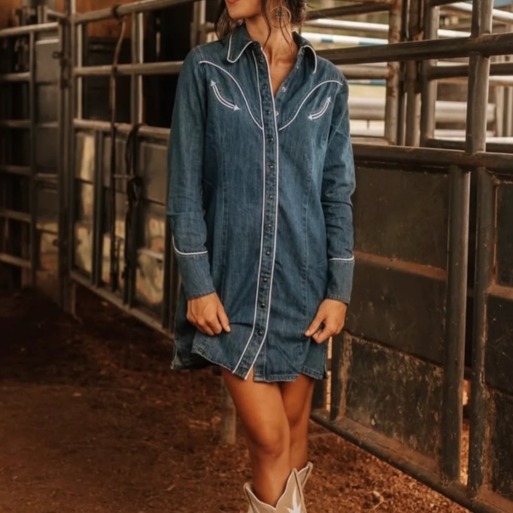 Wrangler rodeo dress dreamin Blue Denim Jean Western NEW XS Cowgirl cotton